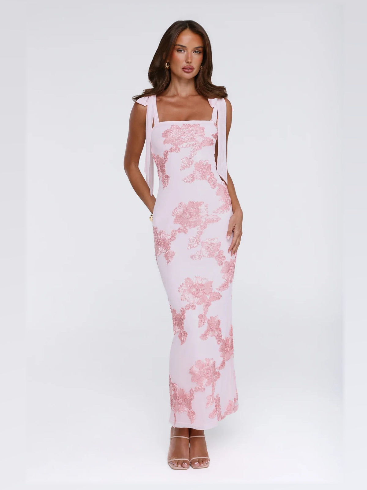 Pink maxi formal dress, alternate full-length view showing the skirt