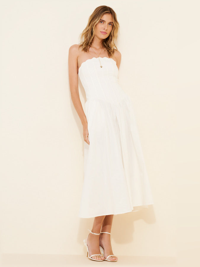White strapless midi formal dress with tiered skirt and fitted bodice
