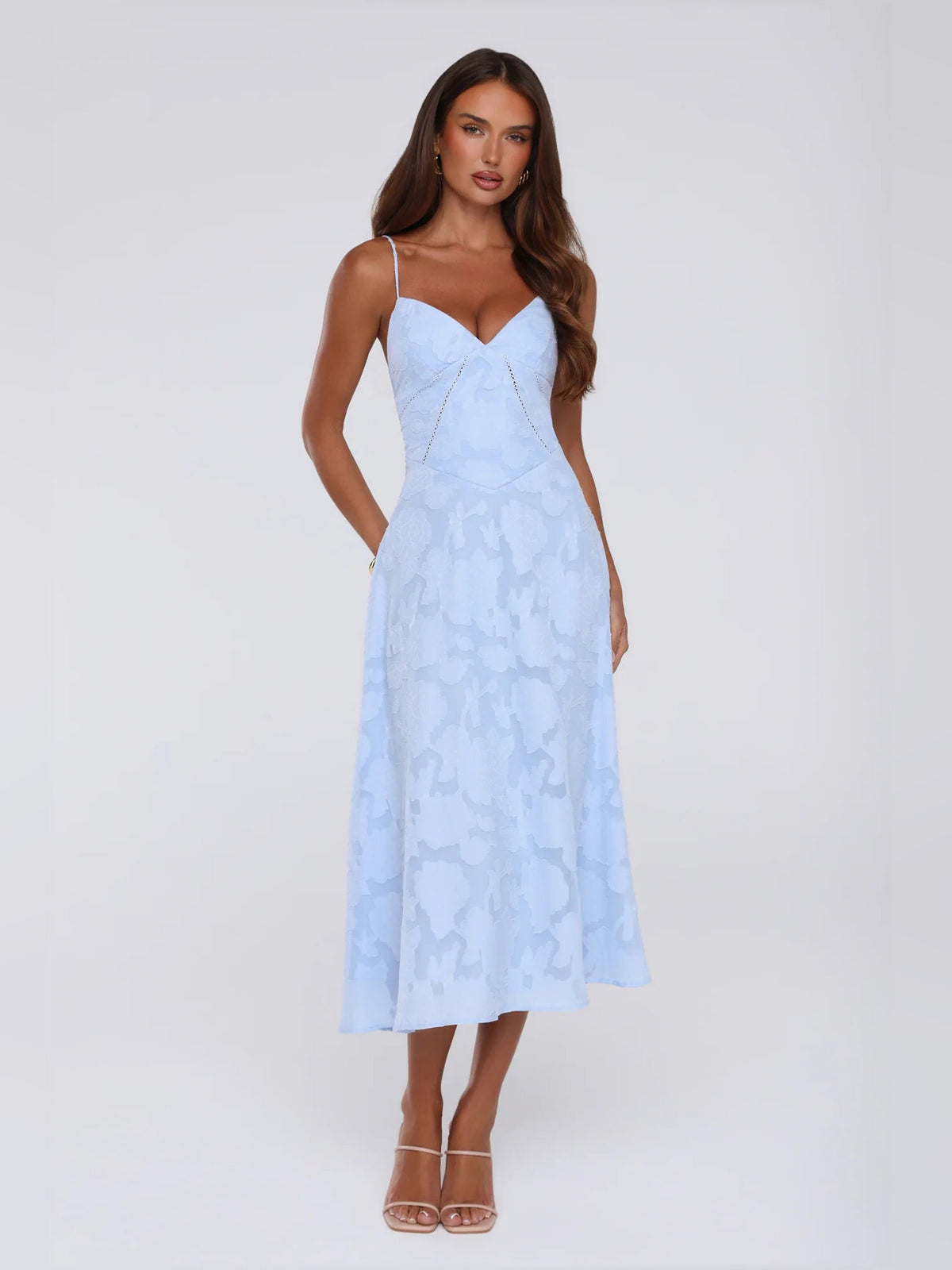 Light blue midi formal dress with spaghetti straps and sweetheart neckline