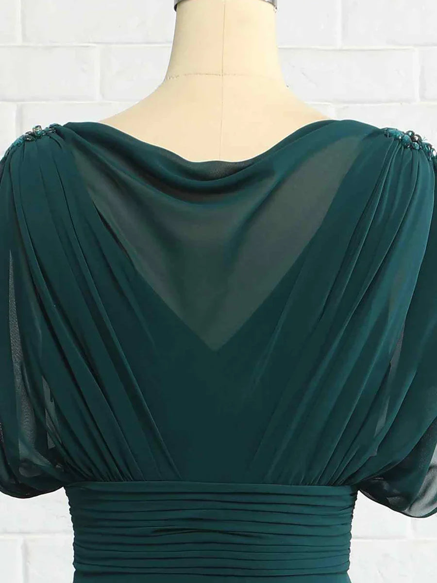 Peacock cowl-neck formal dress shoulder drape with gathered sleeve detail