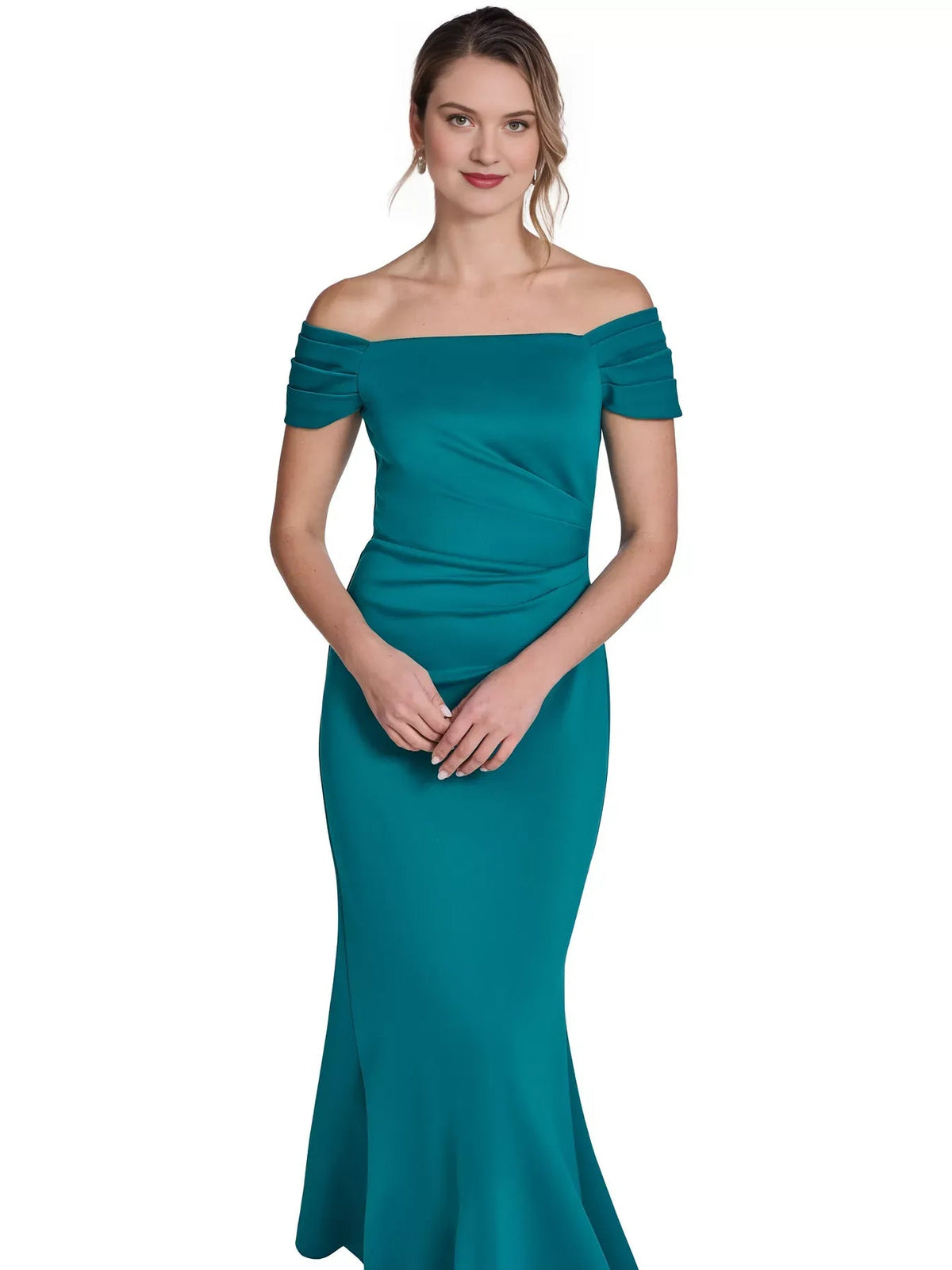 Teal off-the-shoulder formal dress with short sleeves and ruched waist