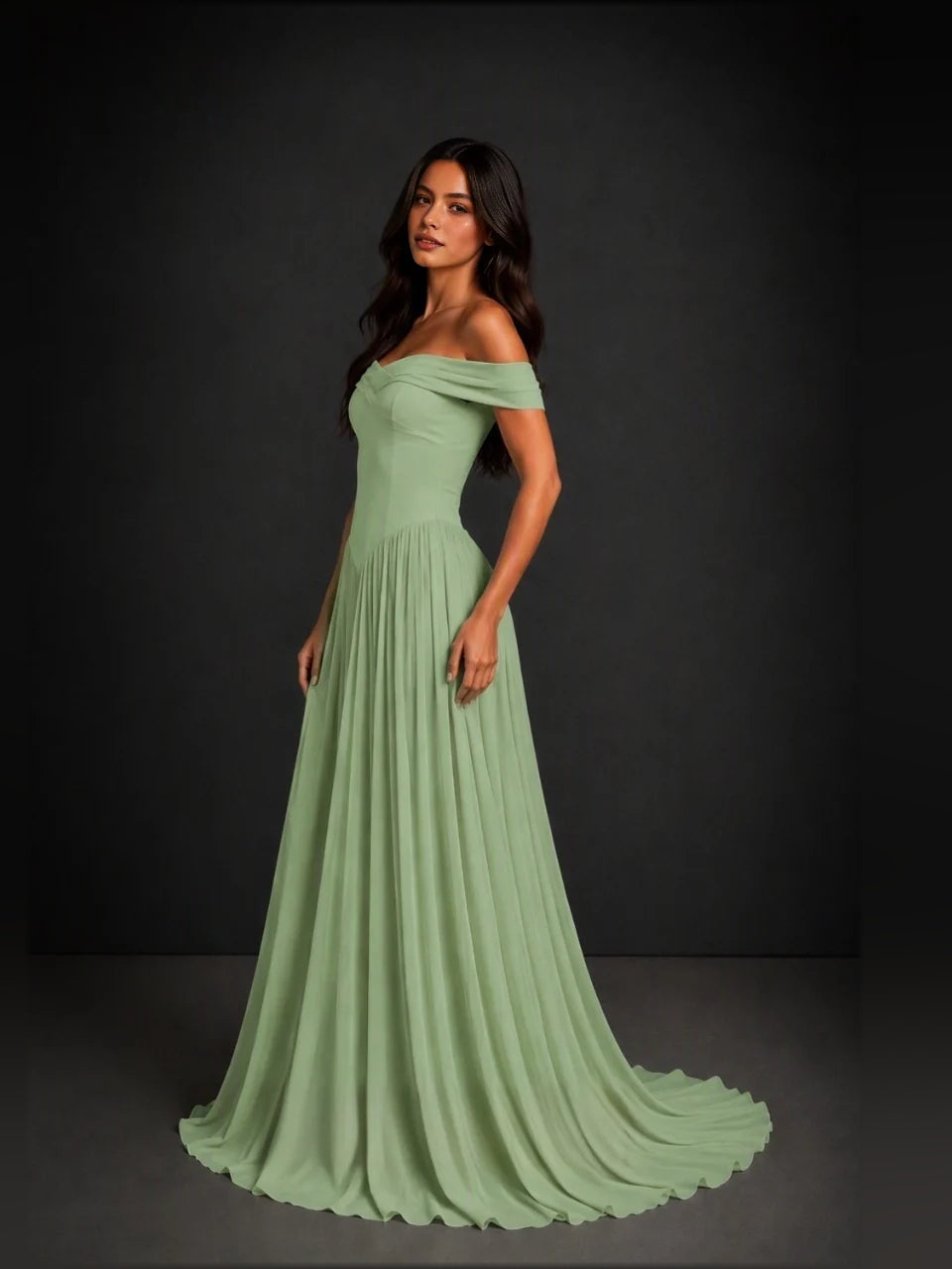 Sage green off-shoulder corset dress with draped waist seam and flowing A-line skirt