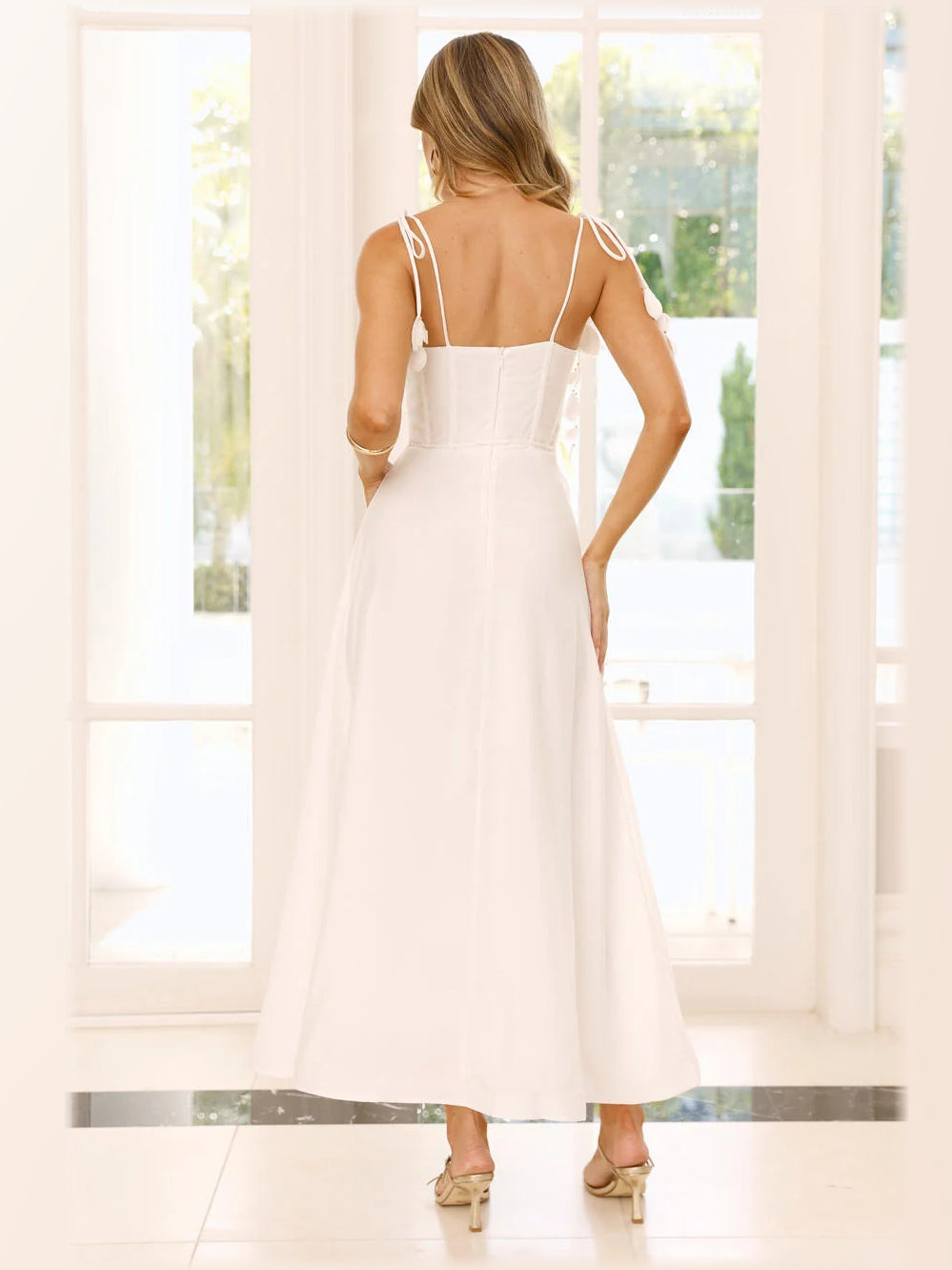 White formal dress with a-line detailing