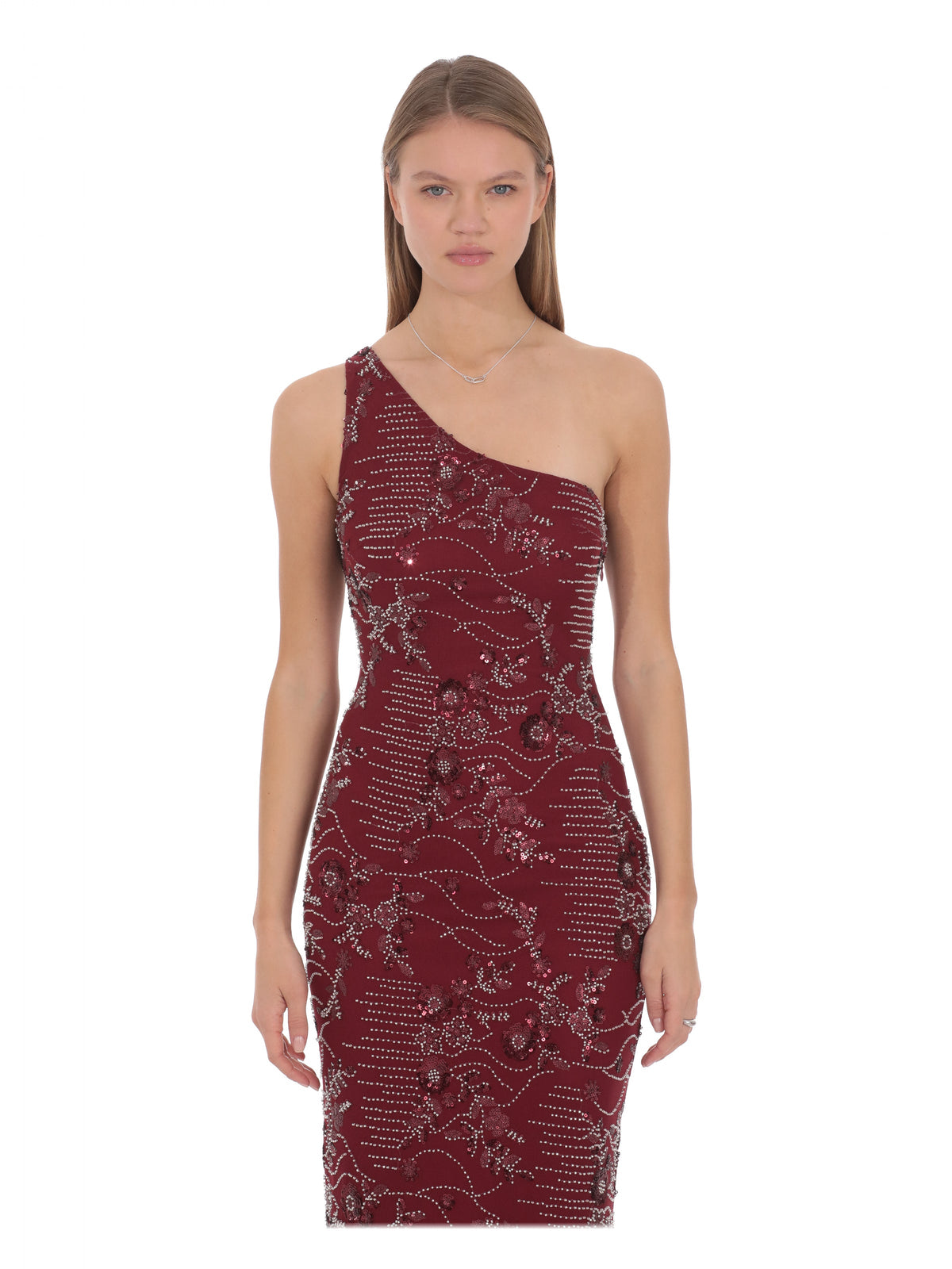 Burgundy bridesmaid dress with a-line detailing
