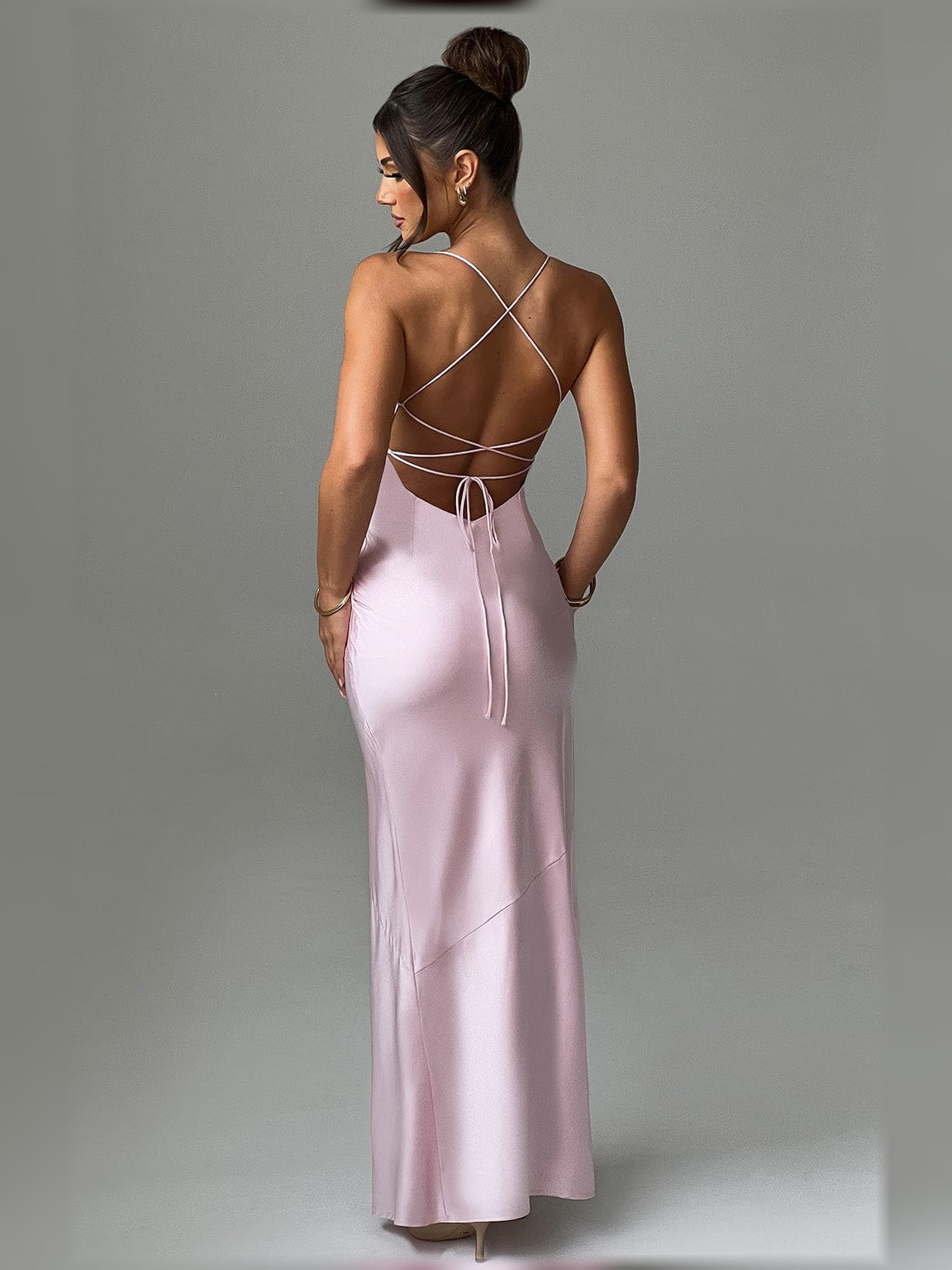 Blush pink satin formal dress with open back and crisscross tie straps