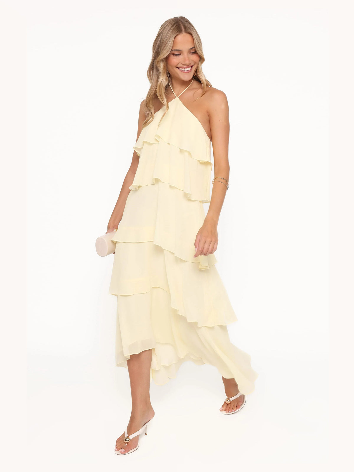 Yellow formal dress with a-line detailing