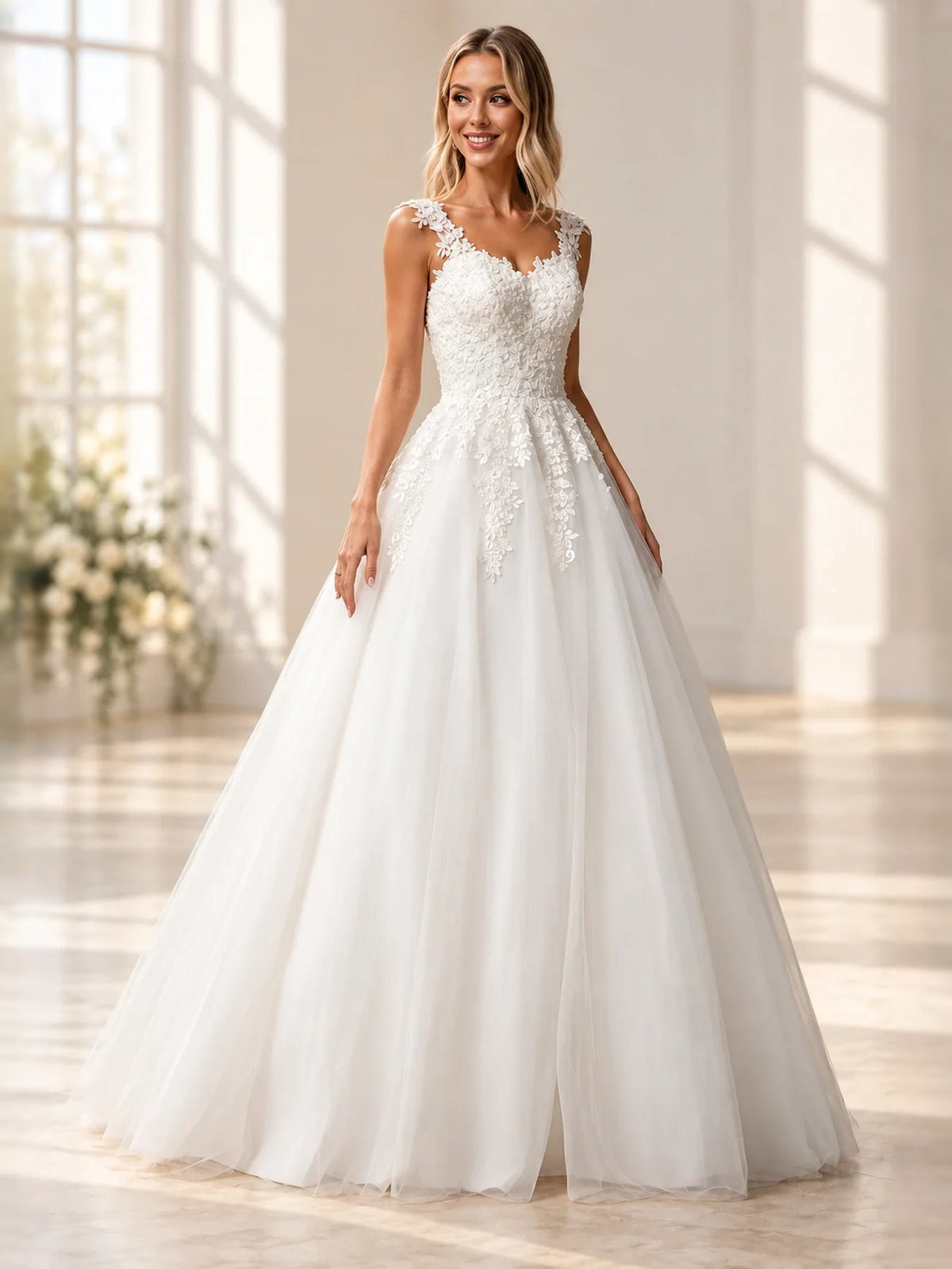 White sweetheart corset wedding dress with embroidered floral lace bodice and tulle skirt