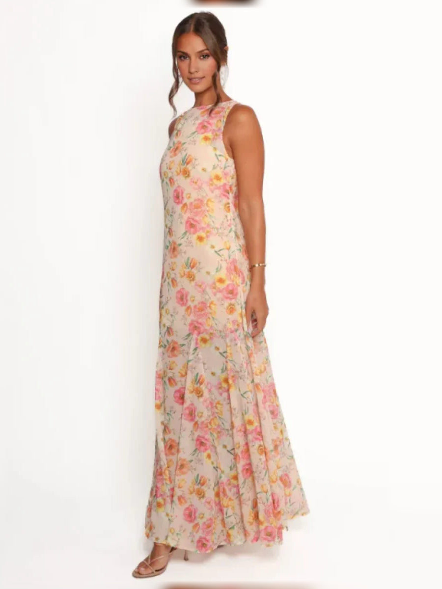 Floral A-line chiffon formal dress, front three-quarter view, sleeveless, blush floral