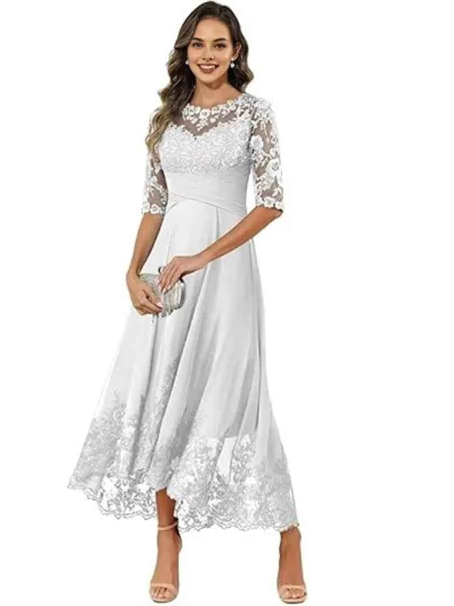 White lace-trim pleated chiffon A-line dress with round neck and three-quarter sleeves
