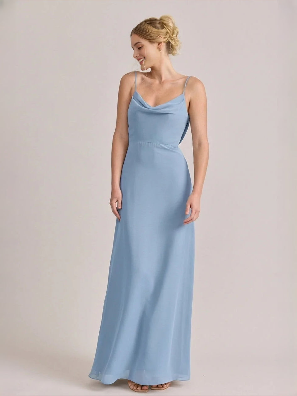 Dusty blue satin maxi dress with spaghetti straps and draped cowl neckline