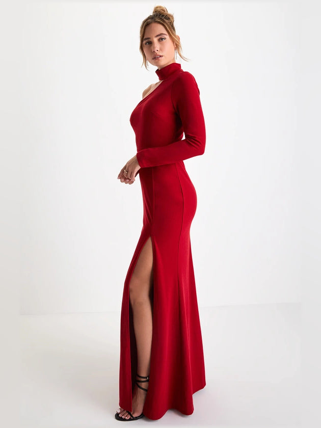 Red sheath maxi formal dress with skirt slit, alternate view
