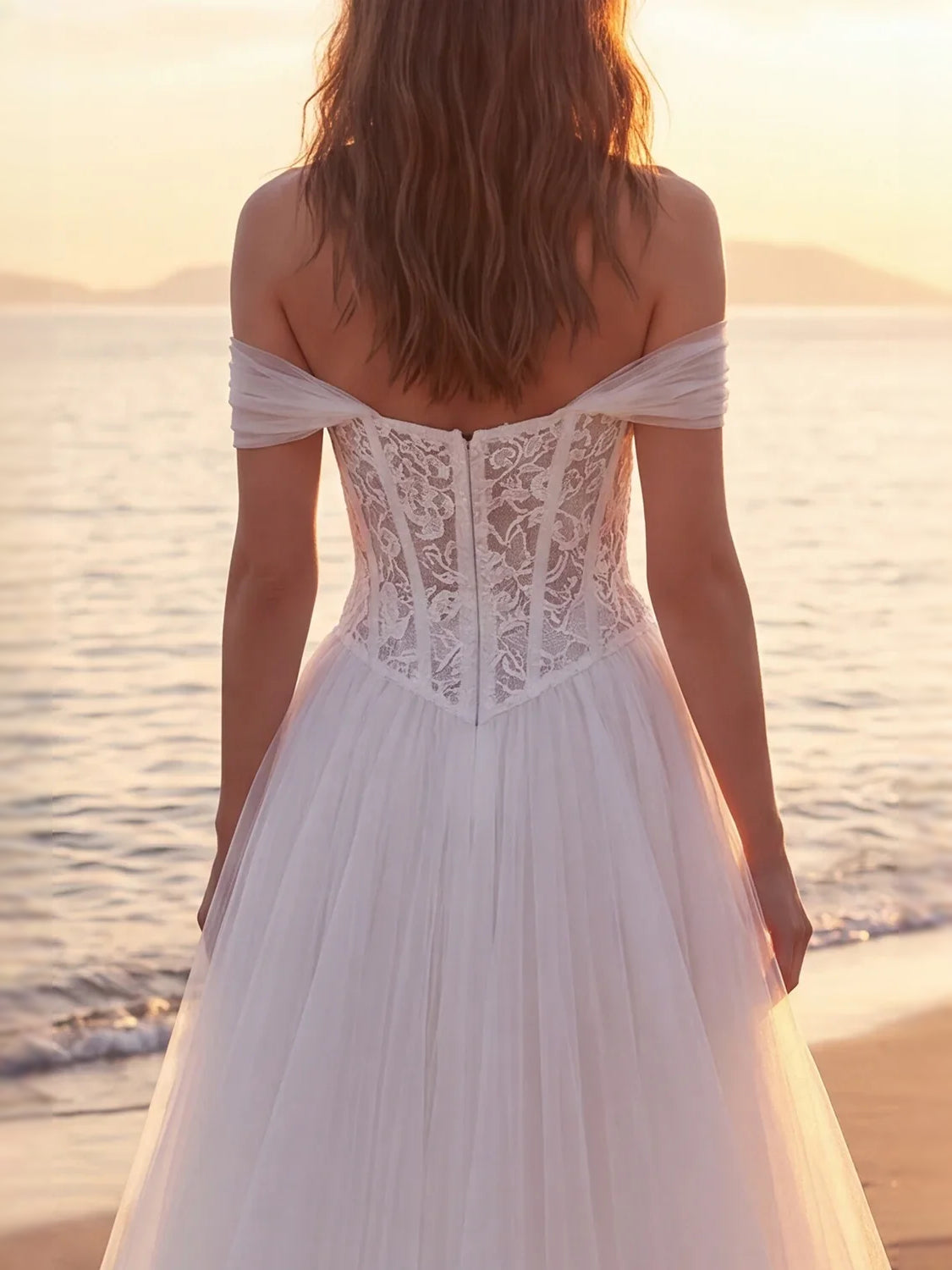 Ivory off-shoulder lace corset back with sheer tulle A-line skirt, floor-length