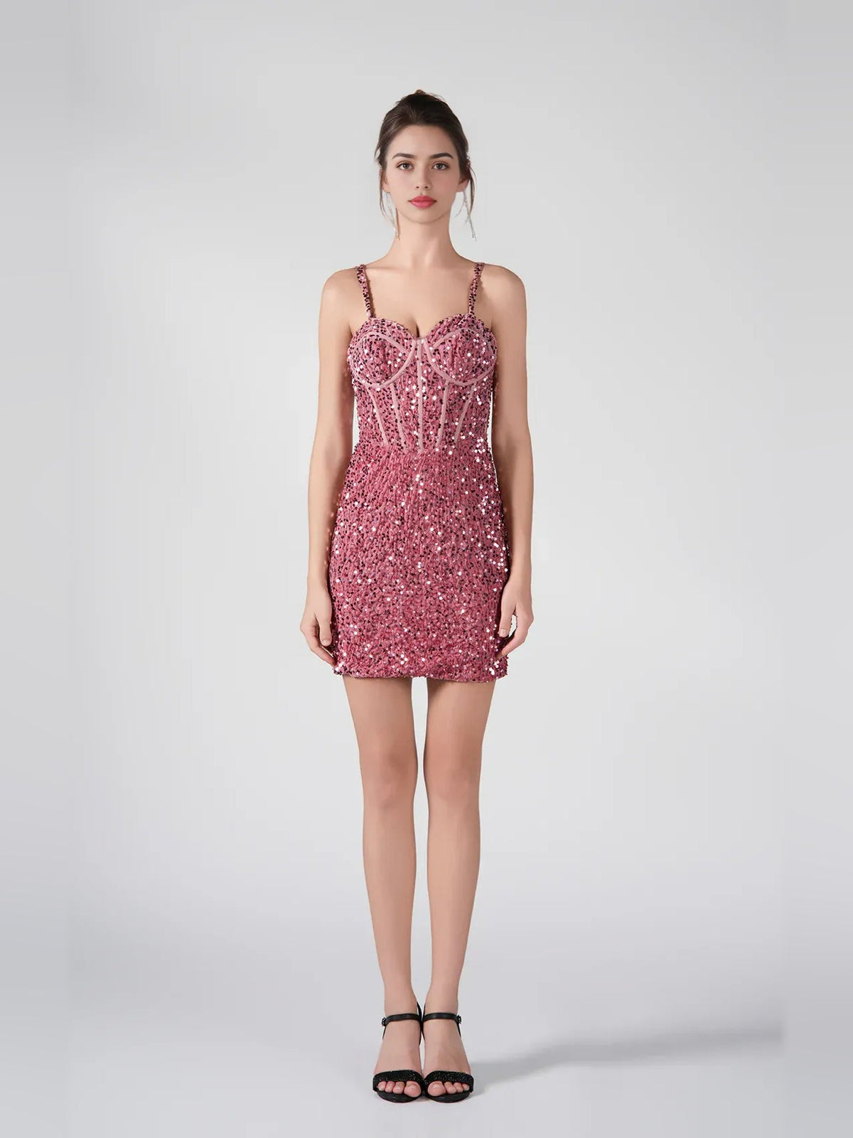 Rose gold sequin corset sweetheart mini dress with thin straps, bodycon length