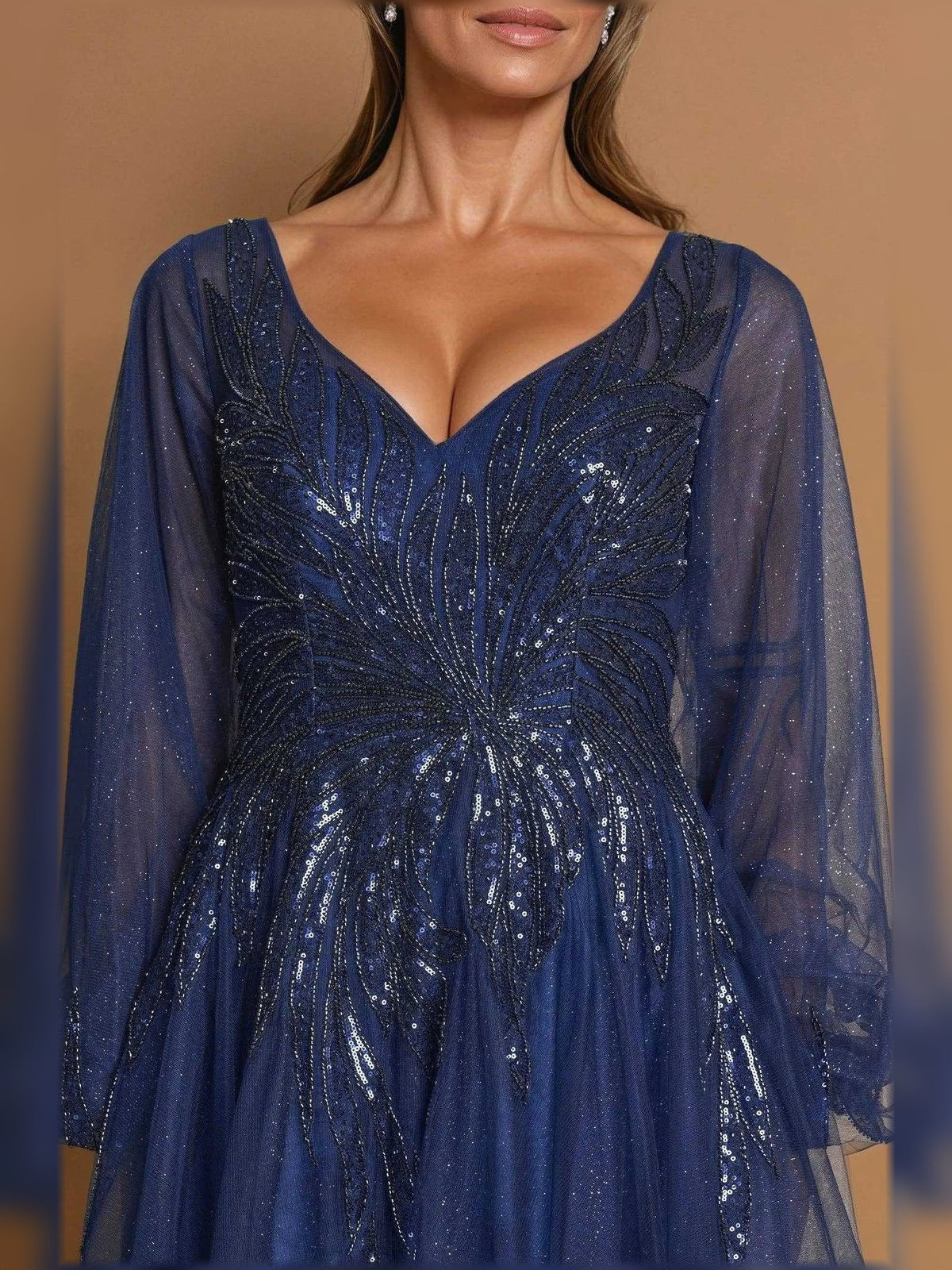 Navy blue tulle maxi dress with V-neck beaded detailing, sheer sleeves, ruched waist