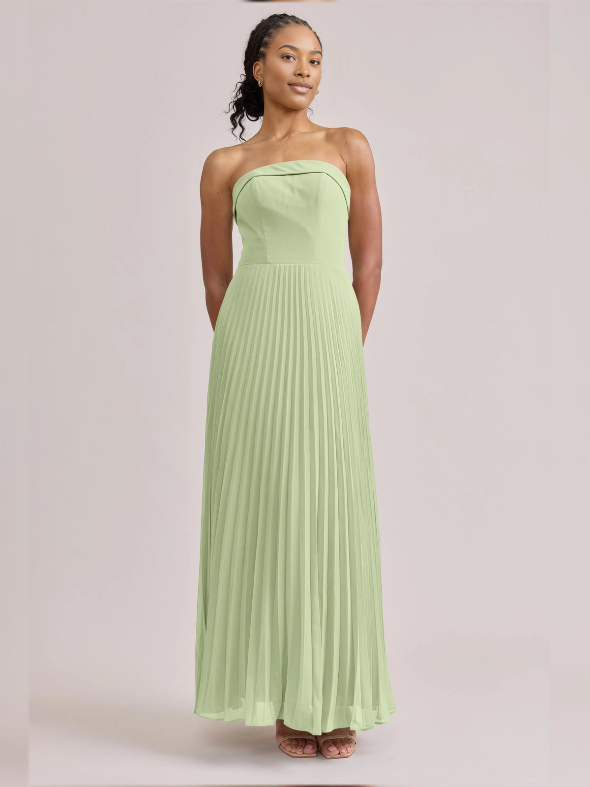 Sage green strapless A-line maxi chiffon dress with pleated skirt and sweetheart neckline