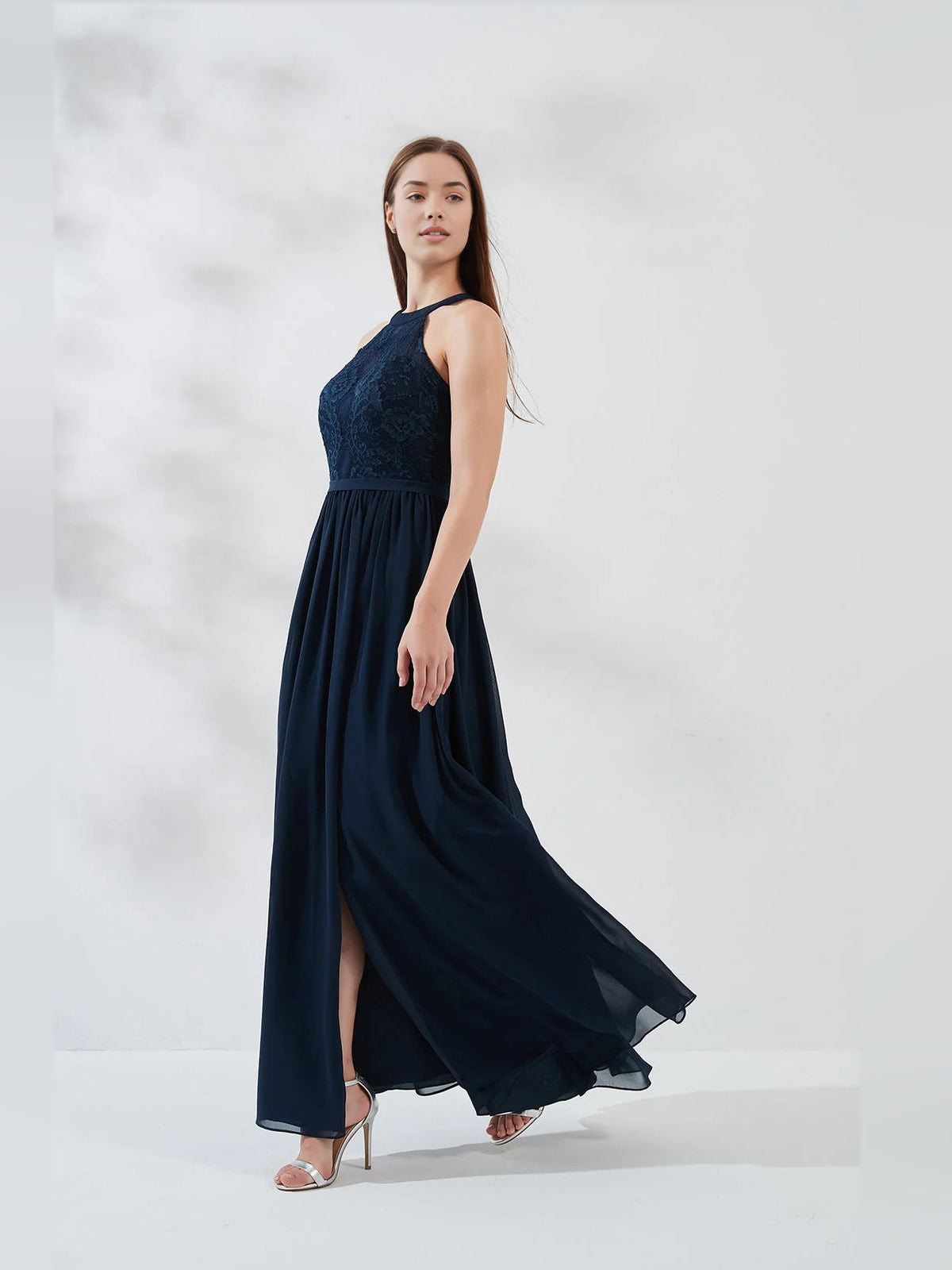 Dark navy halter A-line chiffon dress with floral bodice and long side slit