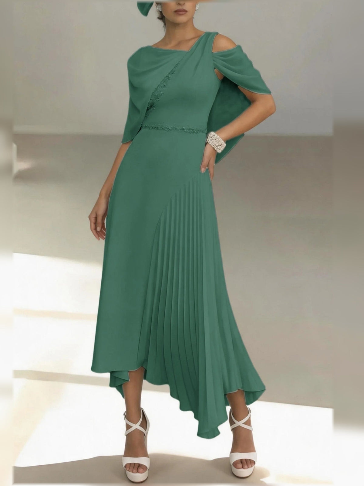 Emerald green one-shoulder pleated A-line midi chiffon dress with draped sleeve