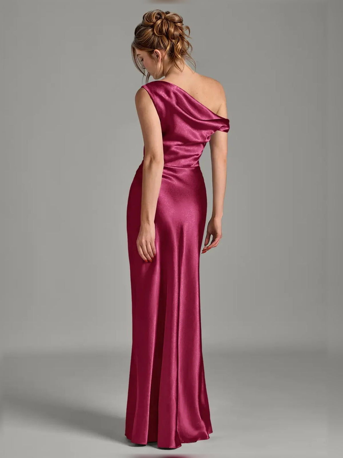 Burgundy off-shoulder satin mermaid dress, floor-length back view with draped detail