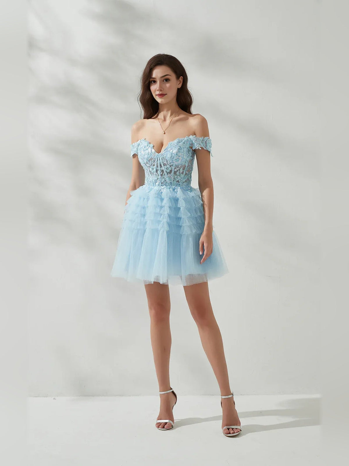 Baby blue off-shoulder sweetheart corset mini dress, short tiered tulle ruffles