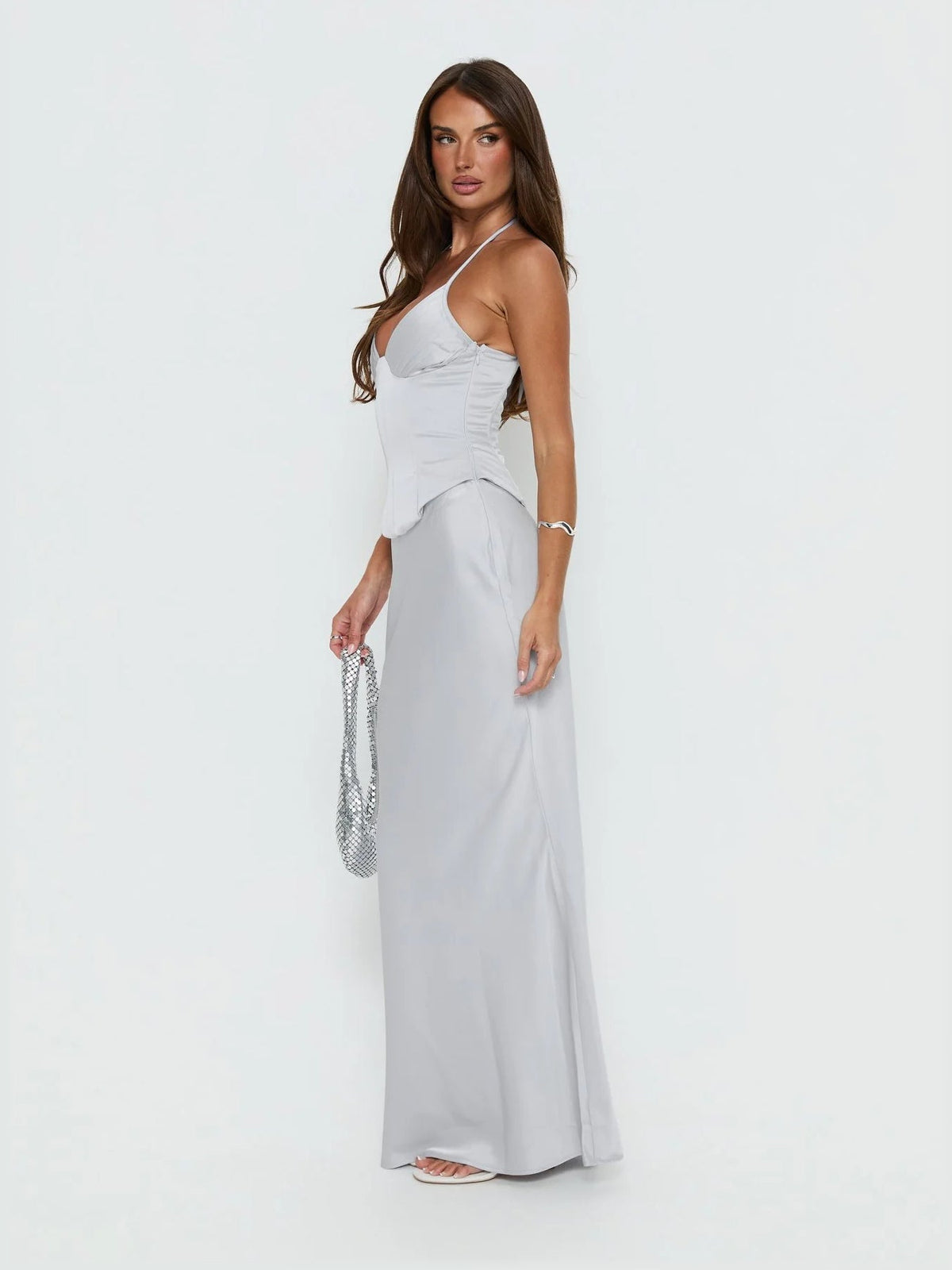 Silver formal dress with corset detailing