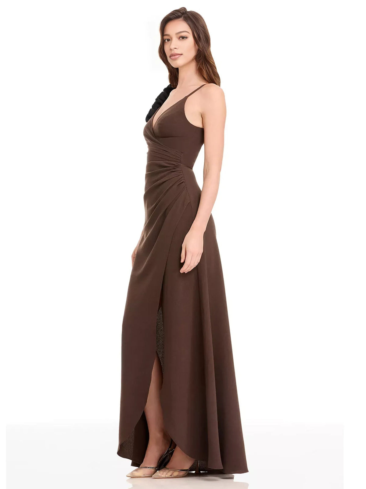 Chocolate-brown one-shoulder formal dress with asymmetrical neckline and front slit