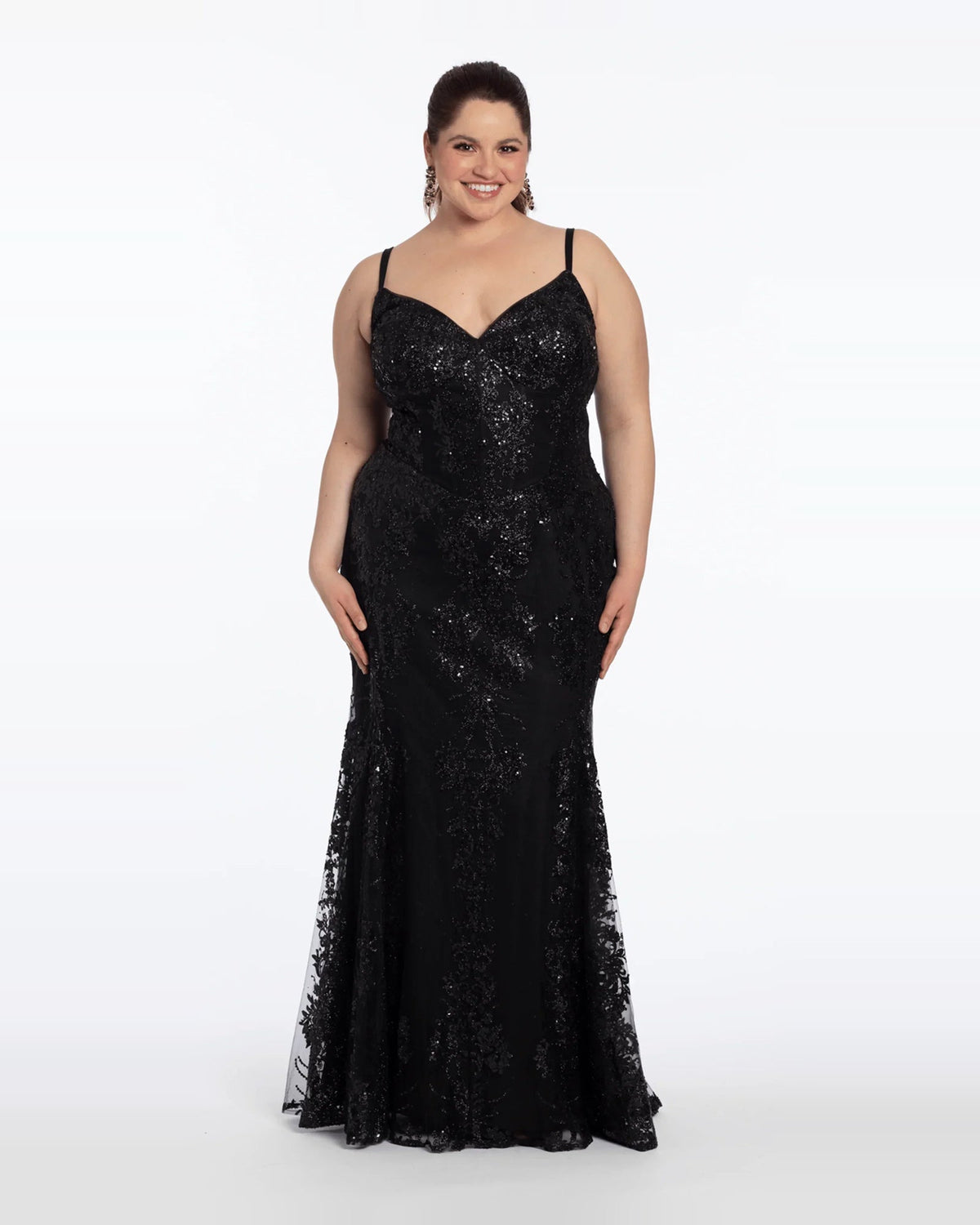 Black glitter mermaid prom dress with sweetheart neckline, corset seams, full-length