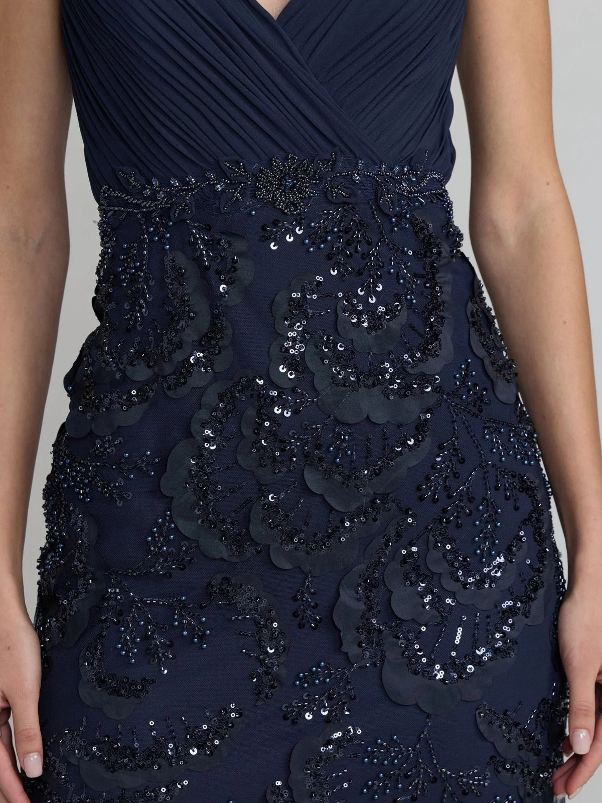 Dark blue waist-to-hem beaded floral lace appliques with sequins