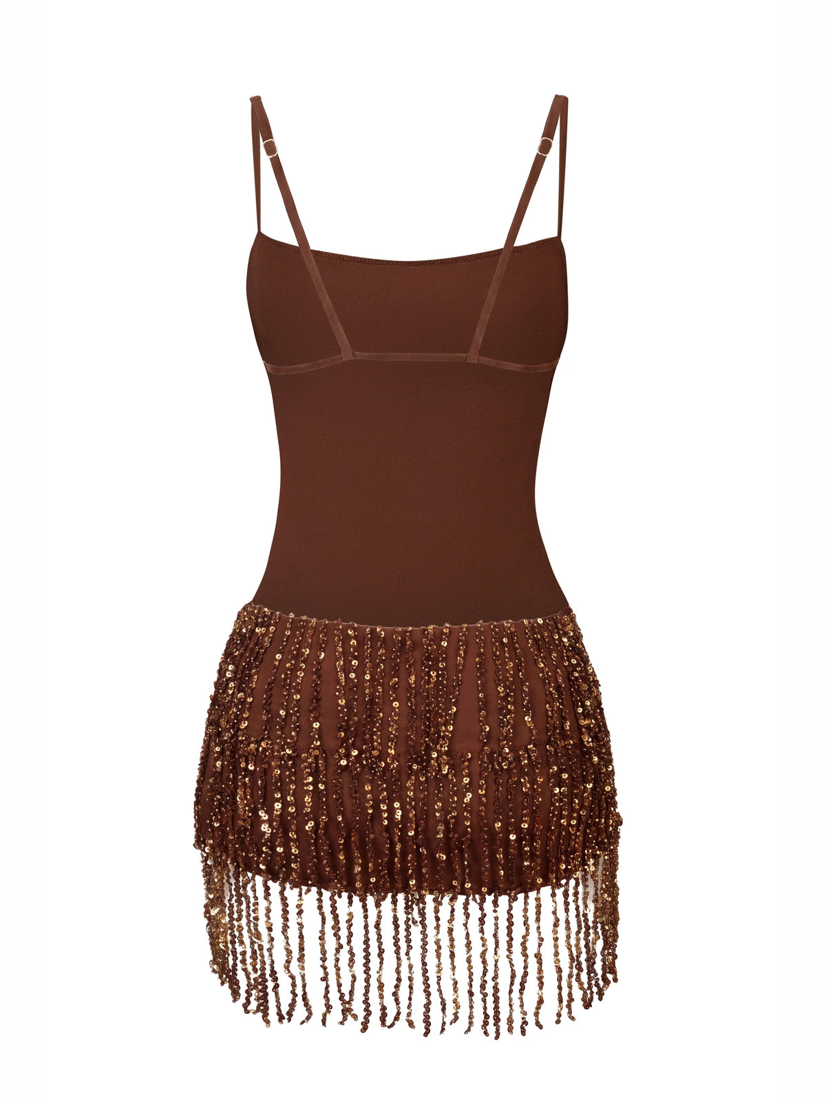 Brown mini homecoming dress, square neckline bodice with sequin fringe bottom