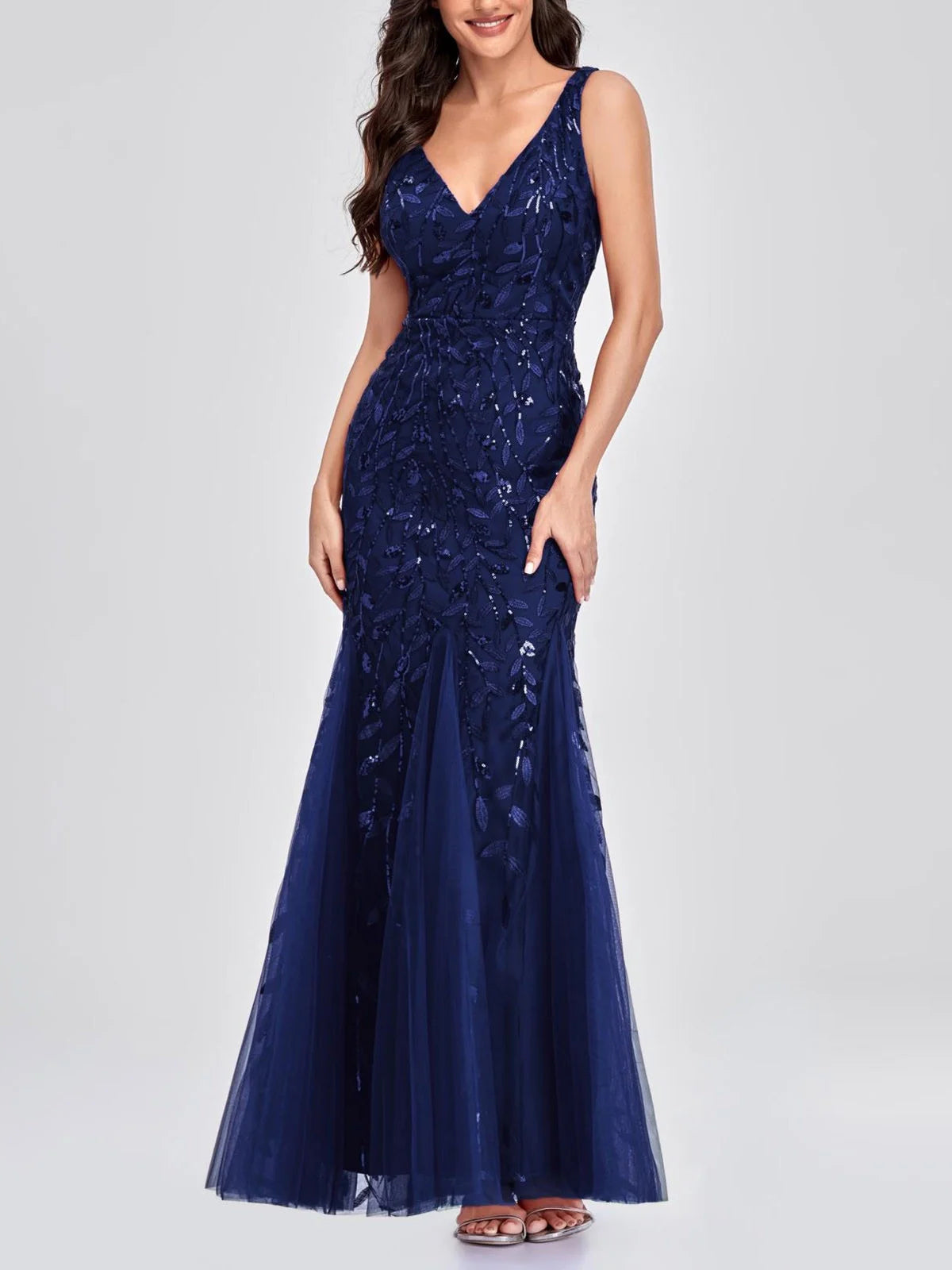Navy Blue mermaid maxi formal dress with sequins, alternate full-length view showing the waist