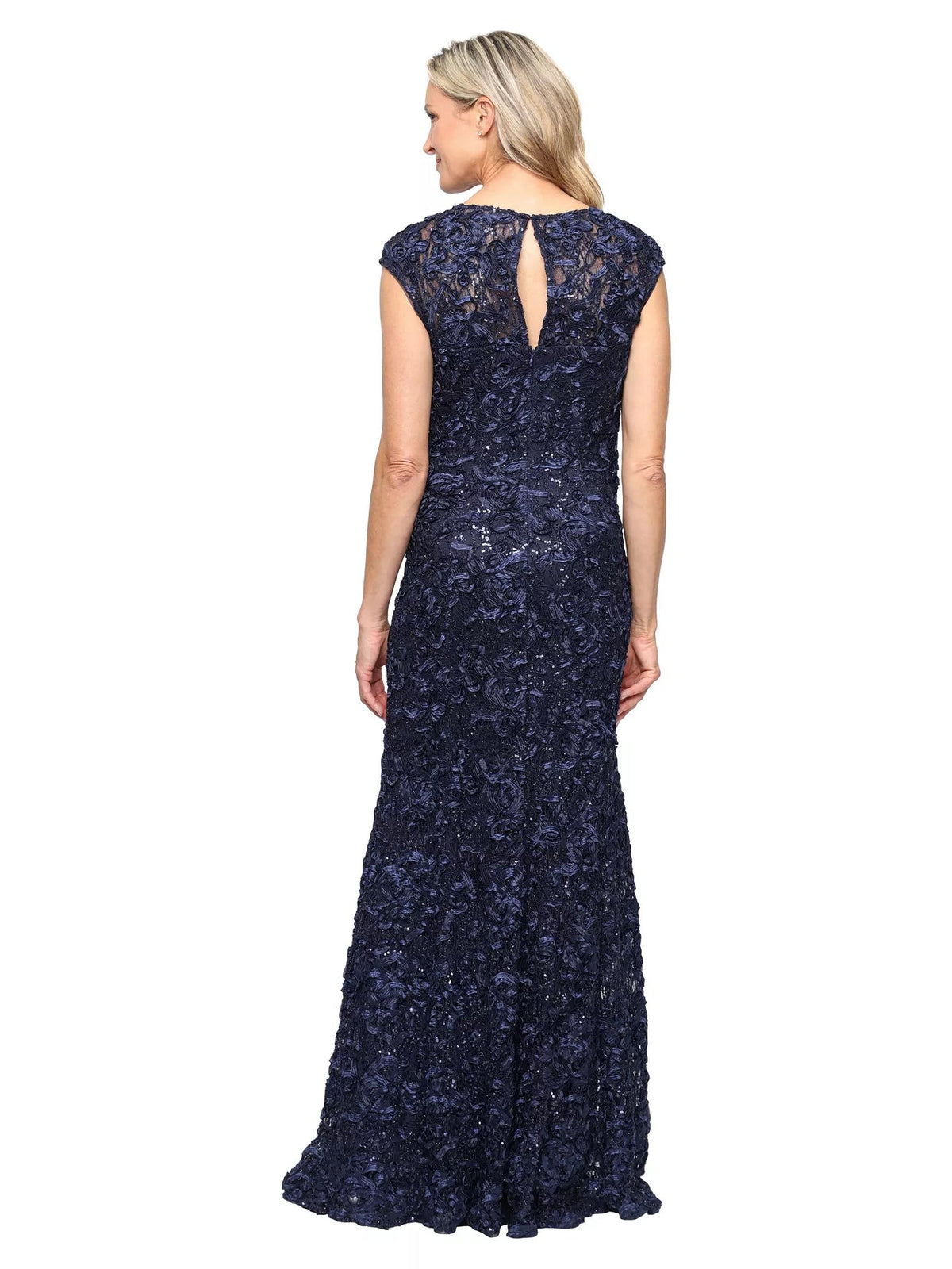 Navy sweetheart mermaid formal dress, back view with open V-back and cap sleeves