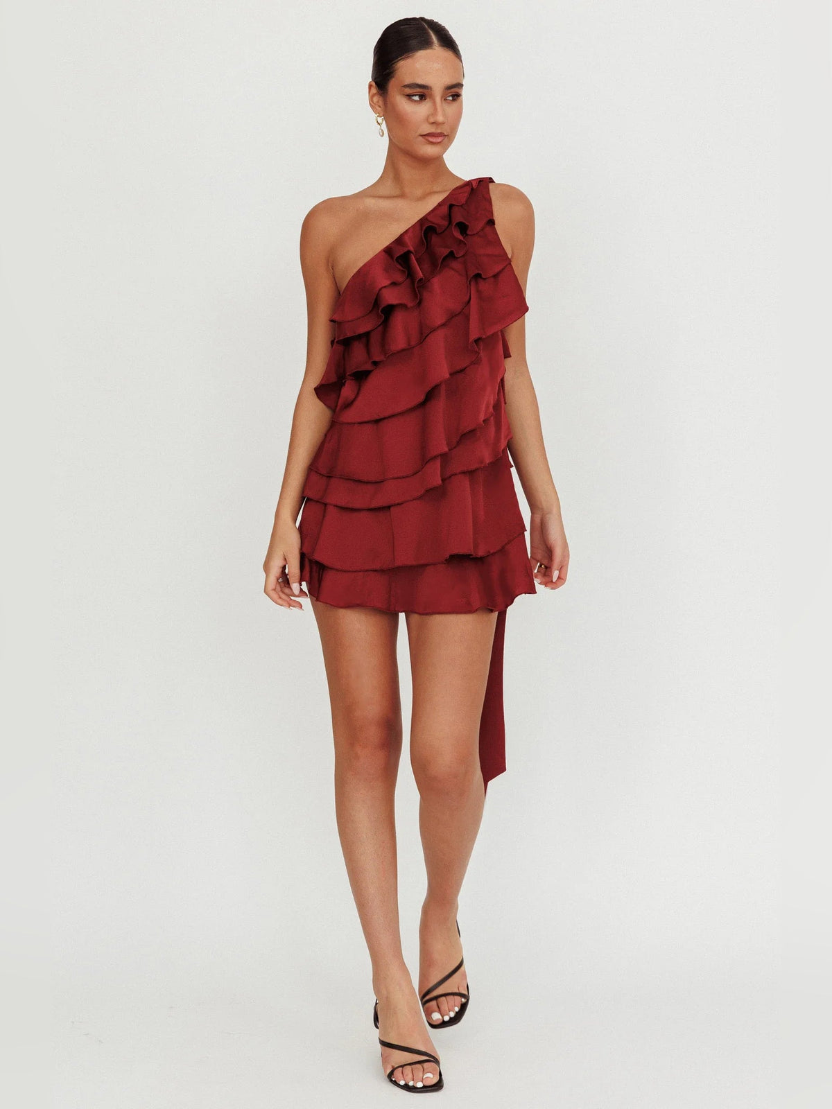 Wine tiered ruffled one-shoulder mini dress, layered skirt with asymmetrical strap