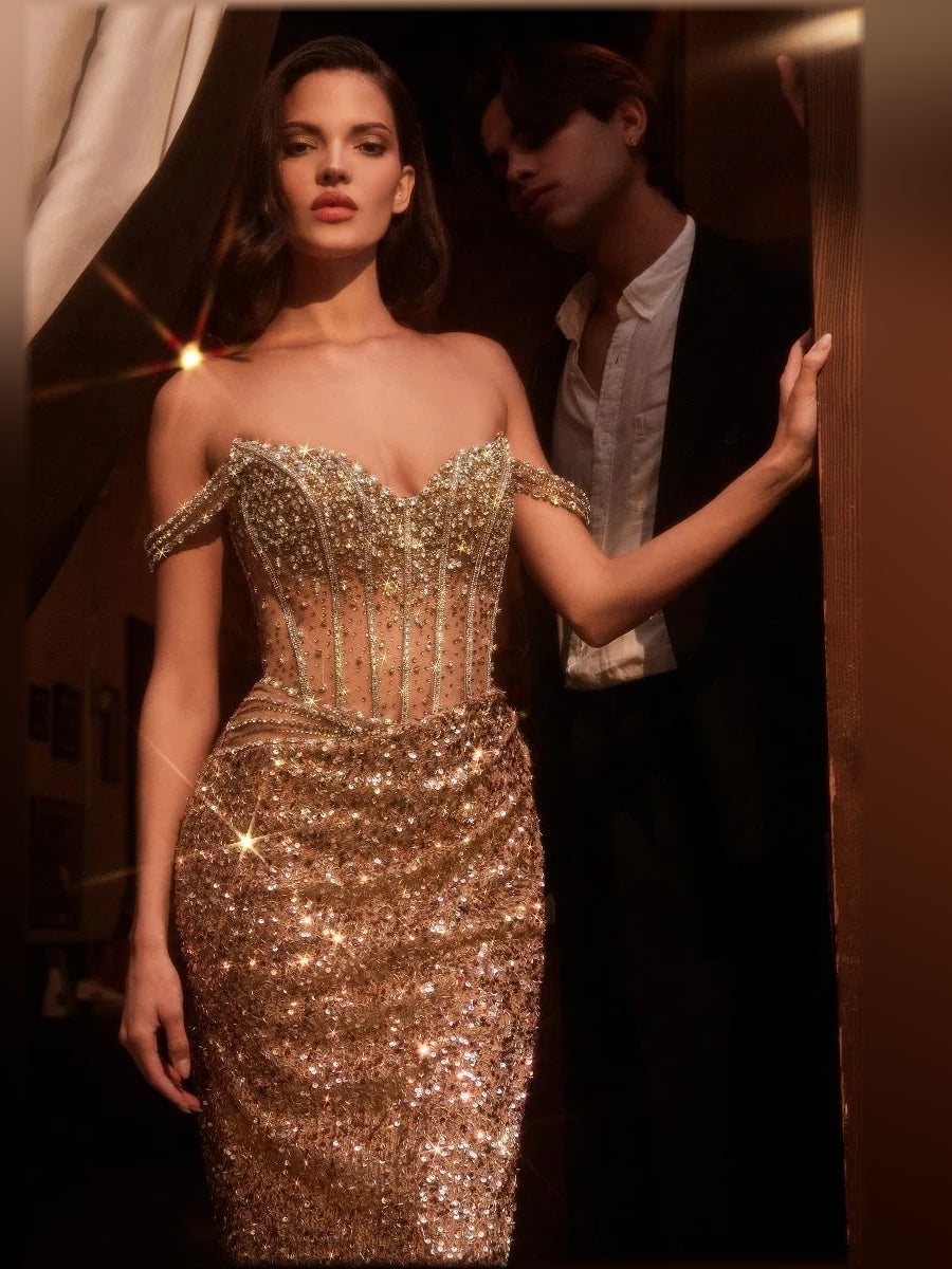Gold off-shoulder corset sequin evening dress with off-shoulder neckline