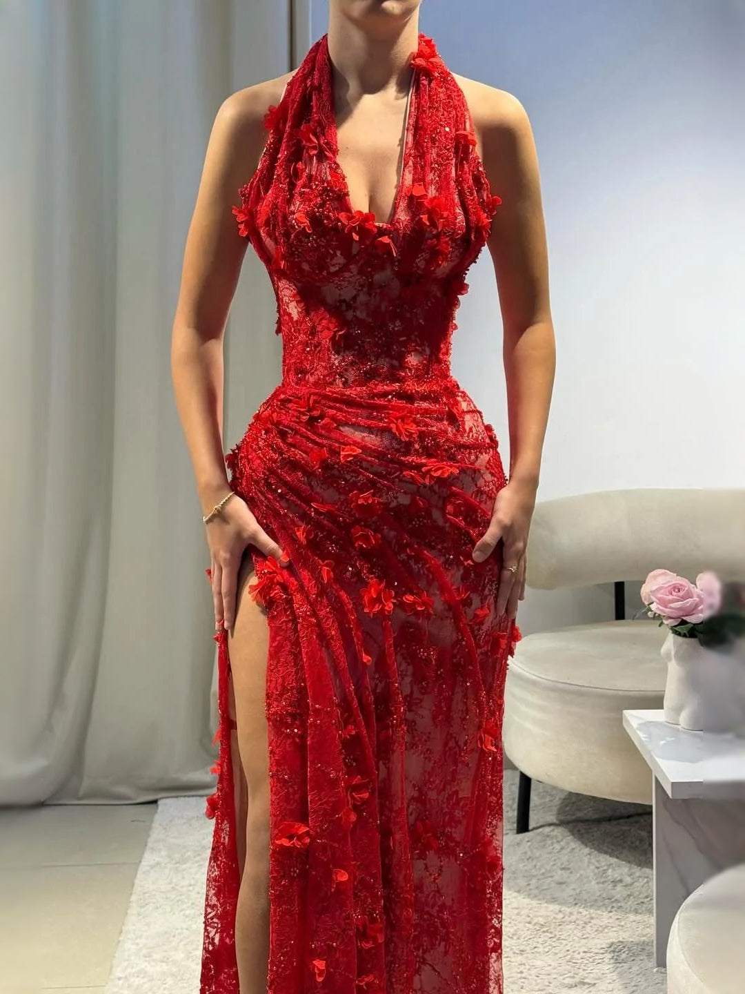 Red halter mermaid maxi dress with floral lace texture and side slit detail