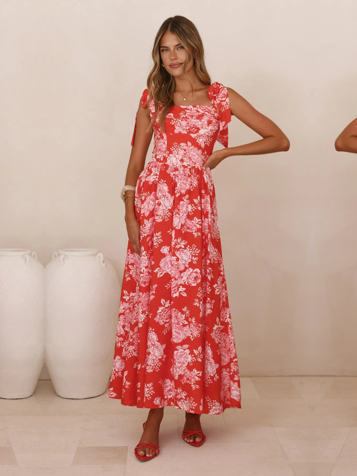 Red Floral a-line maxi formal dress with floral print, alternate view showing the waist