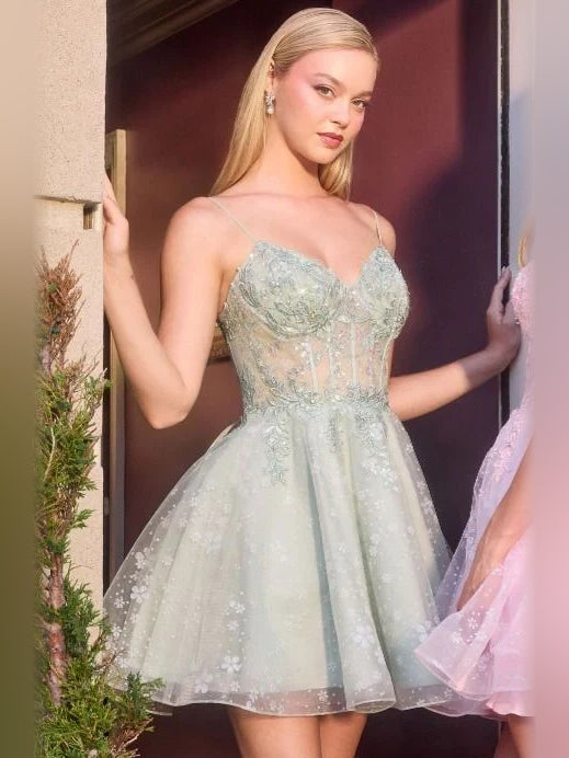 Dusty sage sweetheart corset mini tulle dress with lace bodice and A-line skirt