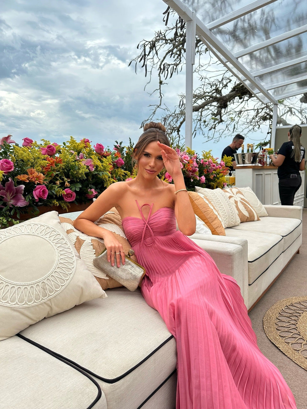 Dusty Rose a-line maxi formal dress with pleated skirt, alternate full-length view showing the waist