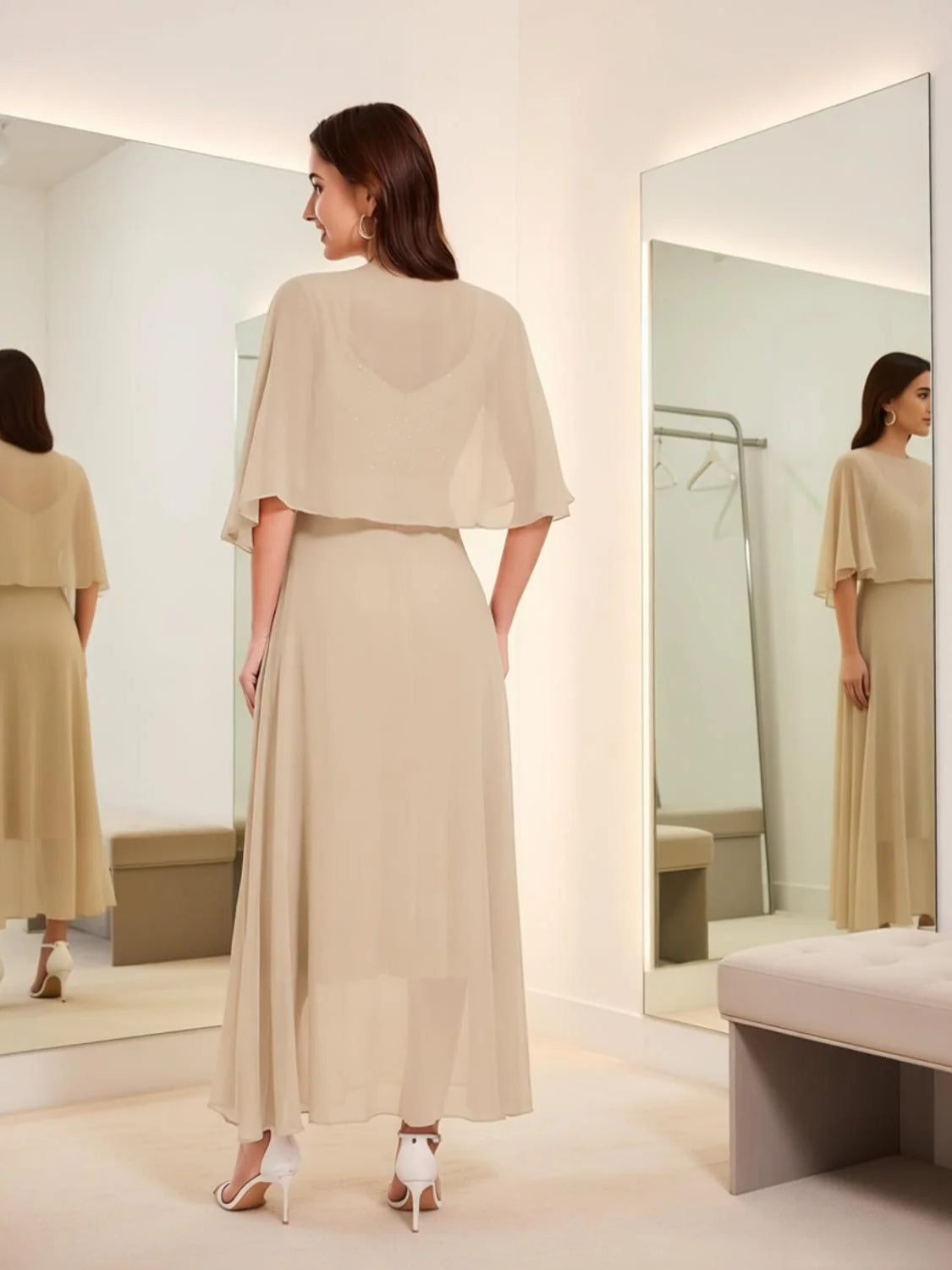 Champagne satin midi dress back view with V-neck sequin bodice and chiffon cape
