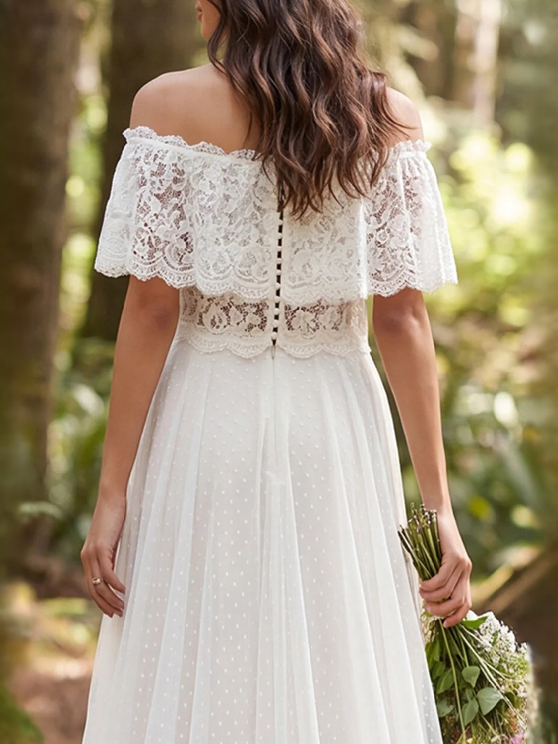 Ivory off-shoulder lace wedding dress with tiered bodice, delicate lace sleeves, full skirt