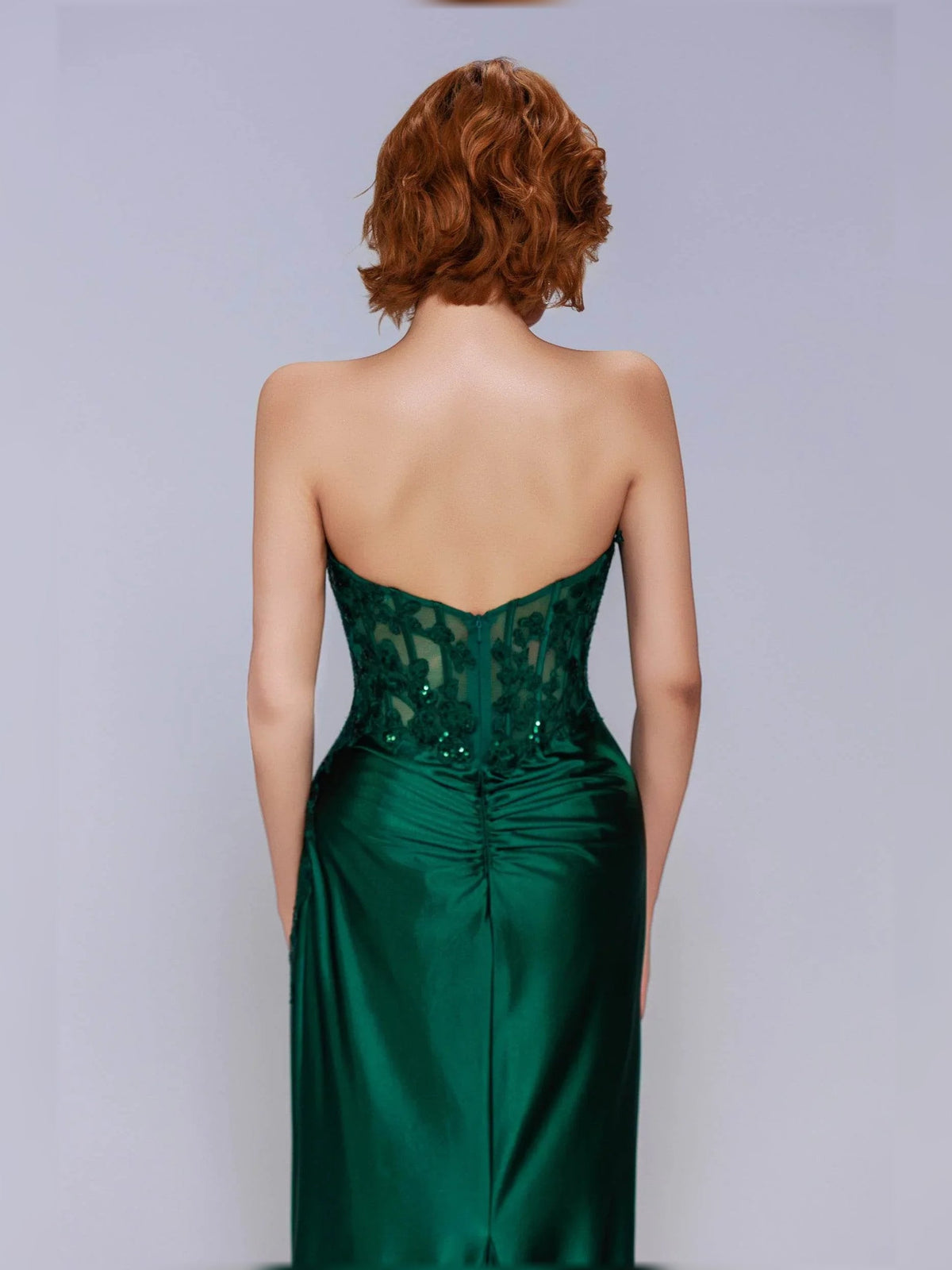 Peacock green backless satin formal dress with corset boning and sequin upper