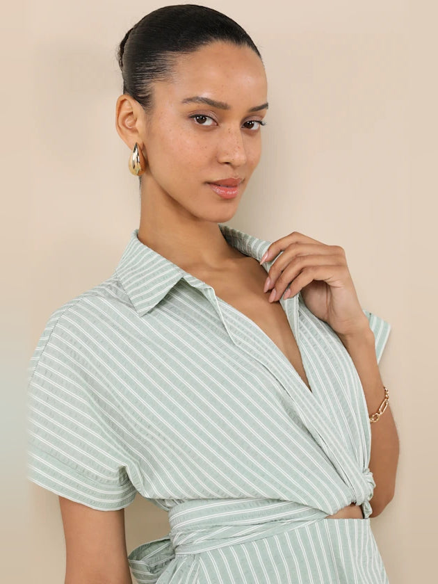 Green striped collared short-sleeve dress with V front and knot tie at waist