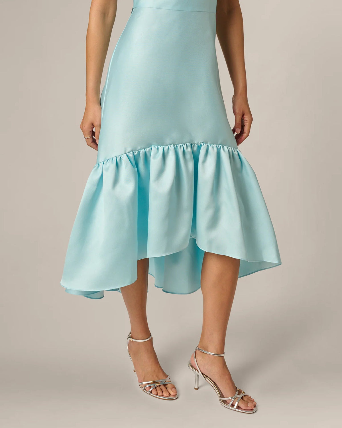 Pale aqua A-line midi dress with tiered ruffle skirt and flared hem