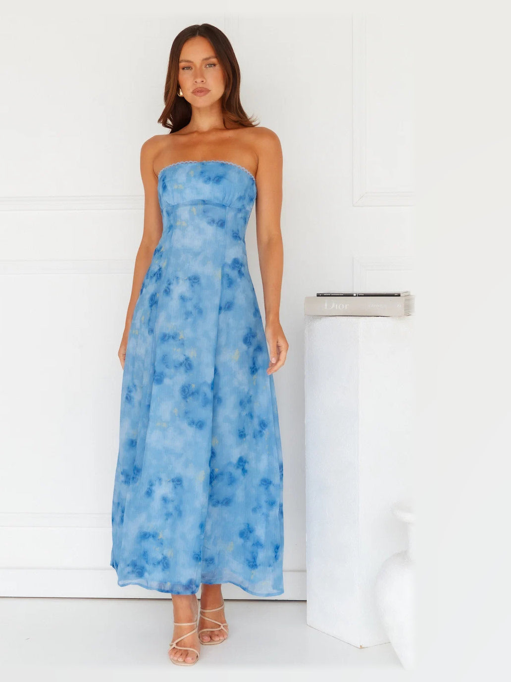 Blue formal dress with a-line detailing