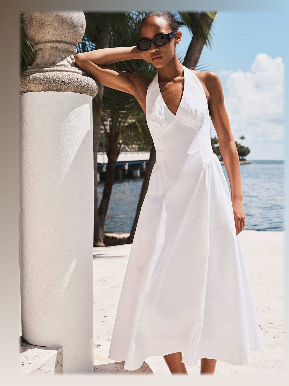 white midi formal dress, alternate full-length view showing the skirt