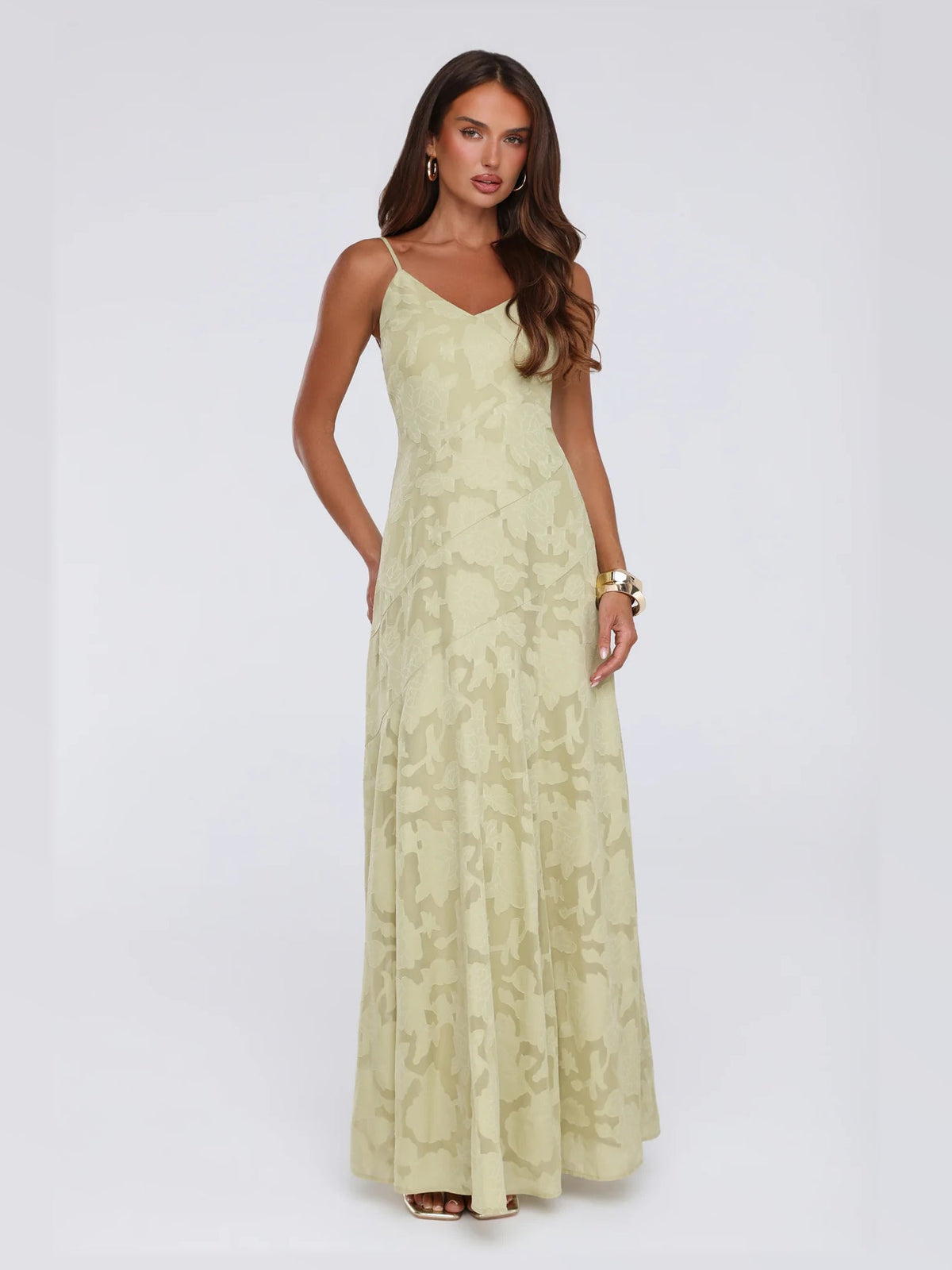 Sage maxi formal dress, alternate full-length view showing the skirt