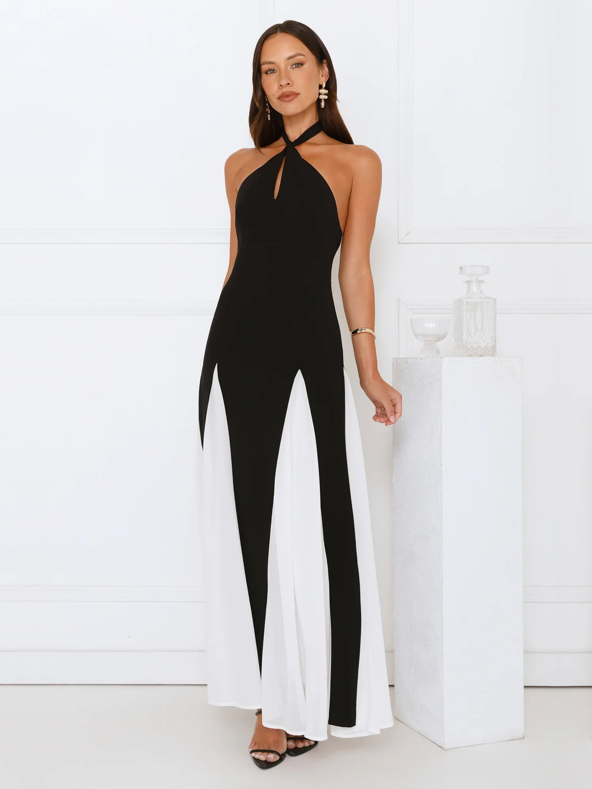 Black sheath maxi formal dress with cutout detail, alternate view showing the waist