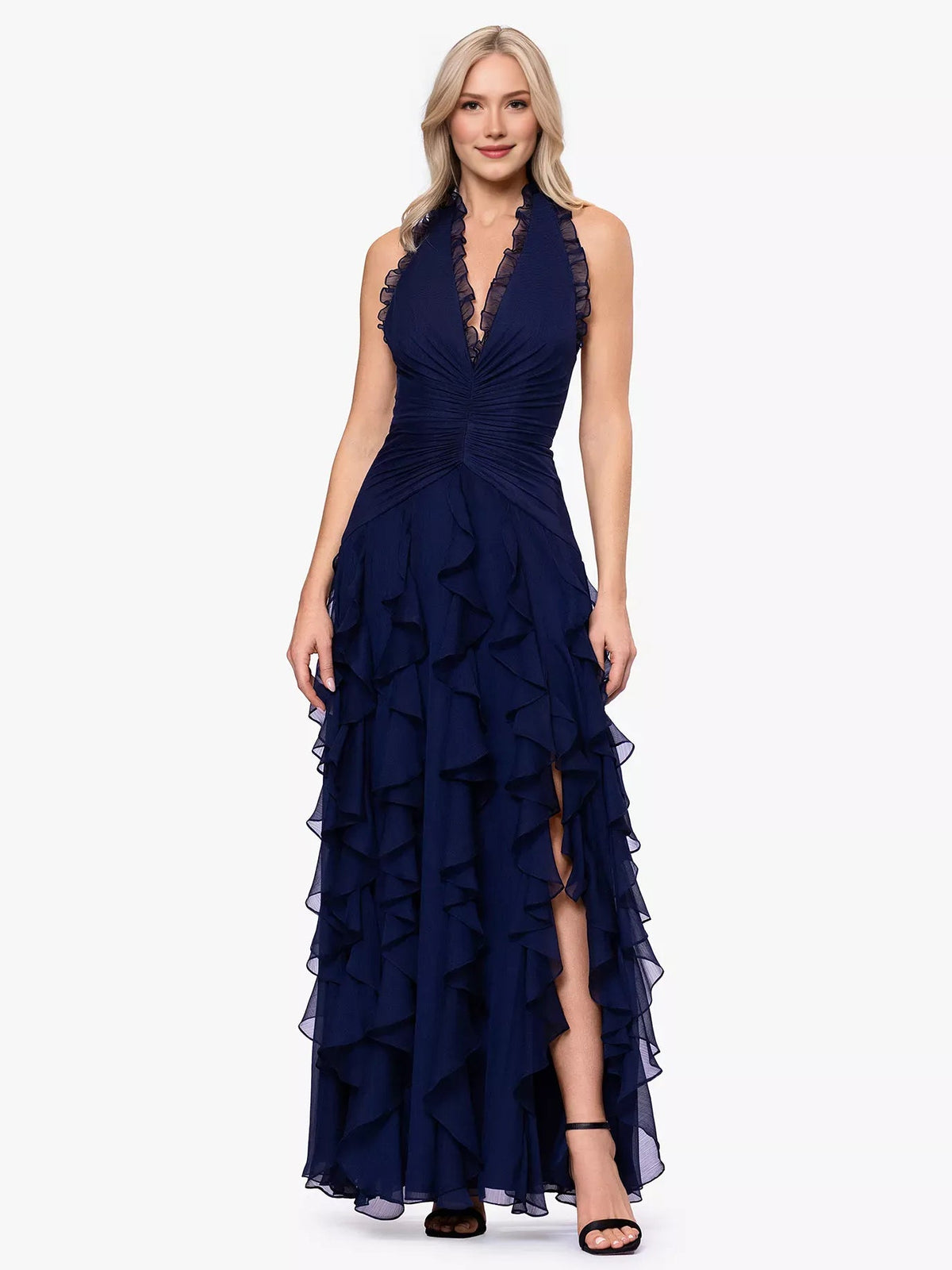 Navy halter neck tiered formal dress with V neckline and layered ruffle tiers