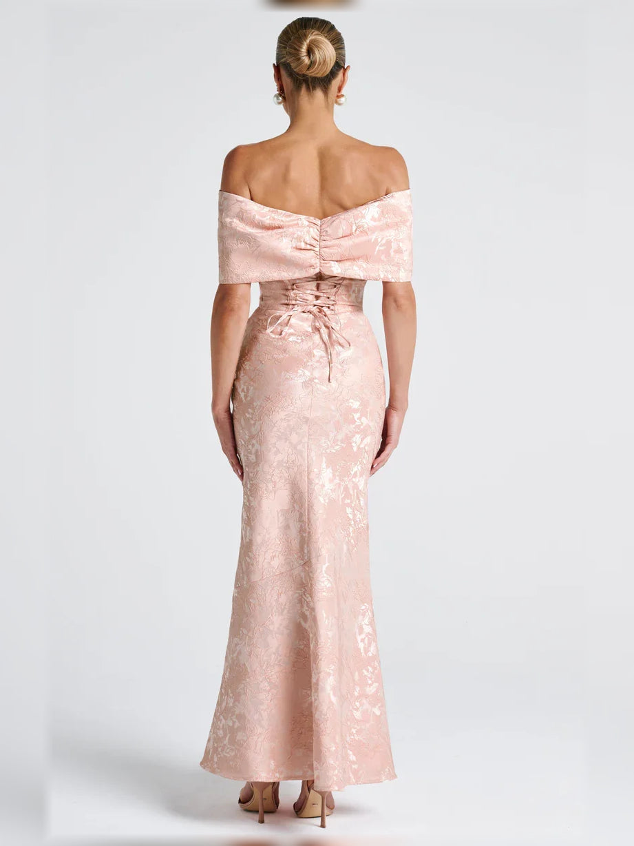 Peach off-the-shoulder corset mermaid floor-length formal dress, back view