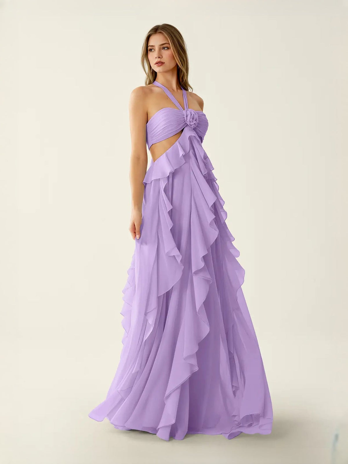 Lilac chiffon prom dress with halter neck, side cutout, and cascading ruffle layers