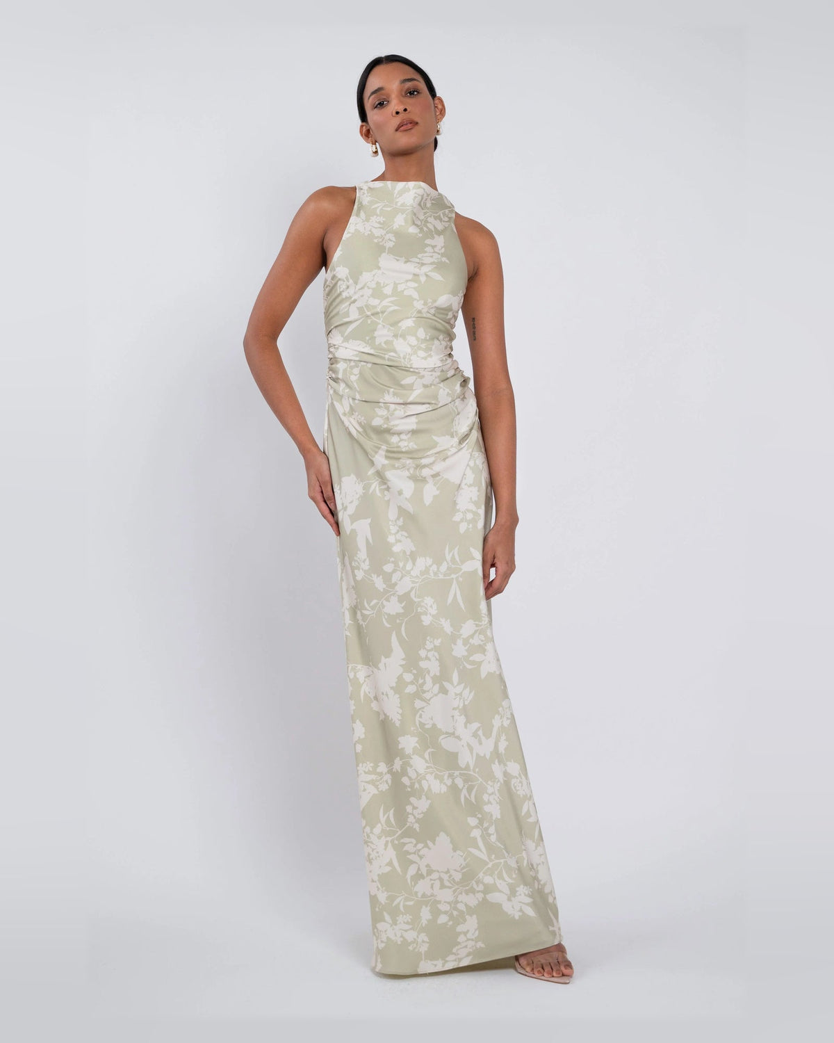 A-line maxi formal dress in light cream with white floral print, sleeveless ruched bodice