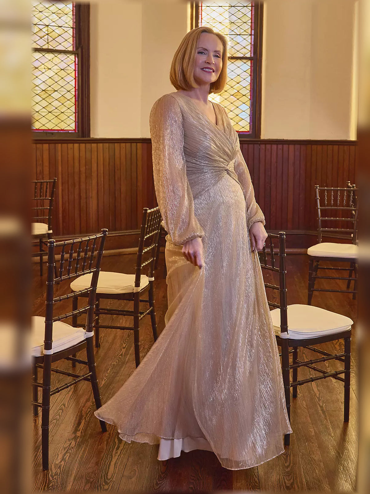 Rose gold V-neck A-line floor-length dress with long sheer sleeves and wrap bodice